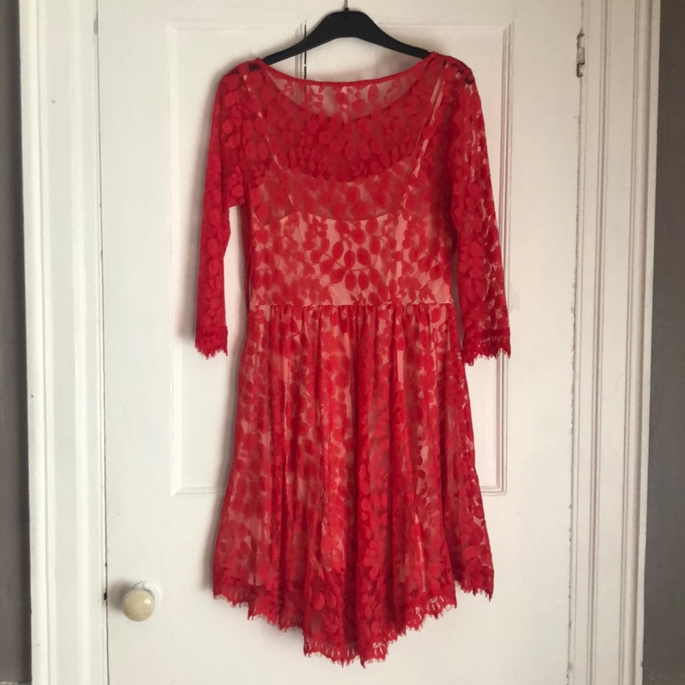 Free People Long Sleeve Red Lace Dress